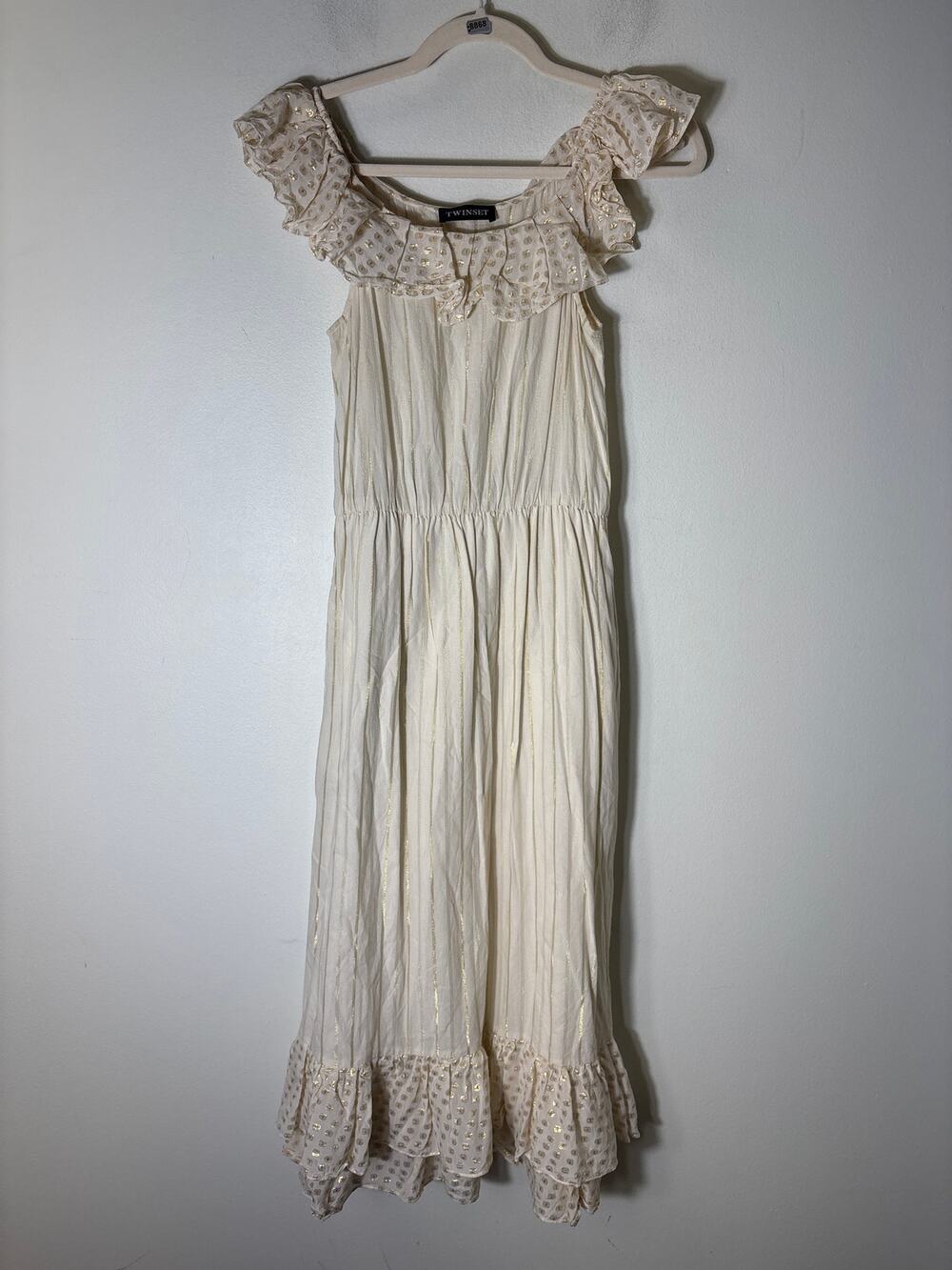 TWINSET Creamy White and Gold Flutter Sleeve Cotton Maxi Dress Sz XS